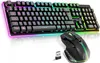 A gaming keyboard and mouse set with RGB lighting is displayed on a reflective white surface. Produktbild-Vorschau