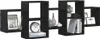 A black wall shelf unit with multiple compartments, decorated with various items. Náhľad obrázku produktu