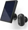 A black outdoor security camera and its solar panel charger are shown against a white background. Produktbild-Vorschau