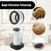 A marketing image showing vacuum cleaner filters and close-ups of dust mites and debris. Produktbild-Vorschau