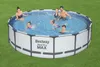 A family is enjoying a Bestway Steel Pro Max round above-ground swimming pool on a grassy lawn. Produktbild-Vorschau
