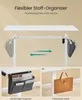 Collage showing a white adjustable standing desk with fabric organizers and a leather bag attached. Produktbild-Vorschau