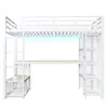 A white metal bunk bed with an integrated desk and shelves, shown against a white background. Produktbild-Vorschau