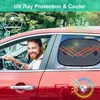 A man is driving a red car, with sunshades on the windows. The image highlights UV protection and cooler features. Produktbild-Vorschau