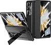 A black foldable phone case with a kickstand is shown in two configurations: closed and partially open. Náhled obrázku produktu