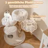 A cat is sitting on a multi-level cat tree with plush platforms. A decorative flower shape is highlighted with an outline. Voir les images du produit