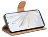 A smartphone in a brown flip case, displayed at an angle. Produktbild-Vorschau