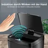 A hand is shown activating a sensor on a black trash can, with blue waves indicating the sensor's range. Náhľad obrázku produktu