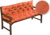 A tufted orange bench cushion on a wooden bench, with a close-up inset of the fabric texture. Produktbild-Vorschau