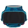 A top-down view of a blue backpack with black padded straps and pink accents. Voir les images du produit