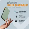 A hand holding a green power bank with marketing text and icons in the background. Voir les images du produit