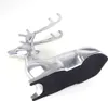 A silver-colored aluminum sculpture of a lying deer with antlers, shown from a side-diagonal angle against a white background. The underside of the sculpture has a black felt base. Produktbild-Vorschau