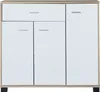 A white and wood grain sideboard with three doors and one drawer. Produktbild-Vorschau