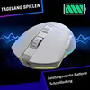 A white wireless gaming mouse with RGB lighting is displayed against a dark background with blue lightning effects. Produktbild-Vorschau