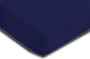 A close-up view of a dark blue fitted sheet, showing the texture and a corner seam. The sheet is laid flat on a white background with a soft shadow. Produktbild-Vorschau