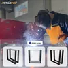 A welder is working on a metal project, with three product shots of table legs below. A "Made in Europe" badge is also visible. Podgląd zdjęcia produktu