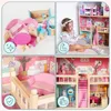A collage of four images showcasing a wooden dollhouse and its accessories, with a child interacting with the dollhouse in one panel. Voir les images du produit