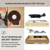 A collage showing different aspects of a DIY turntable kit, including a person using a turntable, individual components, and the assembled base. Produktbild-Vorschau