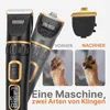 Collage showing a dog grooming clipper, its detachable blade, and before/after images of a dog's paw. Produktbild-Vorschau