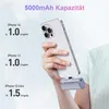 A hand holds a smartphone with a portable charger attached, with text overlay indicating charging capacity for different iPhone models. Produktbild-Vorschau
