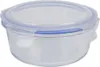 A clear glass food storage container with a blue lid and locking mechanism. Produktbild-Vorschau