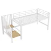 A white metal loft bed with wooden steps against a white background. Produktbild-Vorschau
