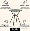 A round black bistro table with four legs, surrounded by marketing text and icons highlighting its features. Produktbild-Vorschau