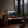 A modern home office setup with a large curved monitor, speakers, and a laptop, overlooking a scenic view of a city at night. Produktbild-Vorschau