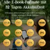 A person is sitting on a bench in a park, holding an e-reader. Around them are circular icons representing different e-book formats. Produktbild-Vorschau