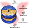A stack of Verbatim DVD-R discs with marketing text and icons highlighting features. Produktbild-Vorschau