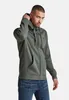 A man wearing a green hooded zip jacket and blue jeans, posing against a light gray background. Produktbild-Vorschau