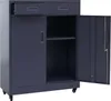 A dark gray metal filing cabinet with two drawers on top, a sliding door on the left, and an open cabinet door on the right, revealing shelves. It is on wheels. Produktbild-Vorschau
