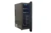 A black thermoelectric wine cooler with its door open, showing the interior shelves and blue LED lighting. Voir les images du produit