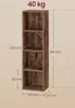 A rustic-style, tall, four-shelf bookcase with dimensions and weight limit indicated. Náhled obrázku produktu