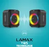 Two black speakers with colorful LED lights are shown with sound waves connecting them, against a blue background. Text and a logo are at the bottom. Produktbild-Vorschau