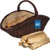 A woven basket filled with firewood, with a stack of firewood in front of it. A tag is attached to the basket. Voir les images du produit