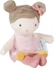 A small plush doll with brown hair styled in two buns, wearing a pink dress and pink boots with yellow trim. Náhľad obrázku produktu