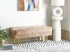 A taupe velvet bench with tufted button detailing and gold legs sits on a black and white striped rug in a room with a modern floor lamp and abstract art on the wall. Náhled obrázku produktu