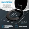 A black toilet seat with dimensions and features highlighted with text and lines. Náhled obrázku produktu