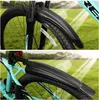 A collage of two images showing bicycle fenders attached to the front and rear wheels of a bicycle. Podgląd zdjęcia produktu