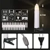 A collage of images showing LED candle lights, their specifications, and accessories. Produktbild-Vorschau