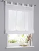 A white sheer curtain hanging on a window rod, with a window view of greenery outside. Produktbild-Vorschau