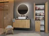 A modern bathroom with a vanity, sink, mirror, and storage cabinet. Produktbild-Vorschau