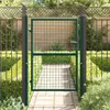 A green metal garden gate is shown in an outdoor setting, with a paved walkway leading through it. Produktbild-Vorschau