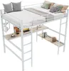 A white metal loft bed with a desk and shelves underneath, set against a white background. Podgląd zdjęcia produktu