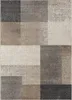 A close-up, top-down view of a rectangular rug with a geometric pattern of squares and rectangles in various shades of beige and gray. Produktbild-Vorschau