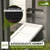 A close-up view of a chicken coop with a ramp and a magnified section showing the wire mesh. Produktbild-Vorschau