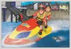 Two characters from the animated series "Fireman Sam" are riding a jet ski on the water, with a town in the background. Anteprima dell’immagine prodotto