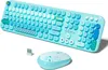 A light blue wireless keyboard and mouse set with a USB receiver, displayed on a white background. Podgląd zdjęcia produktu