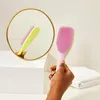 A hand holding a pink and yellow hairbrush in front of a mirror. Náhled obrázku produktu